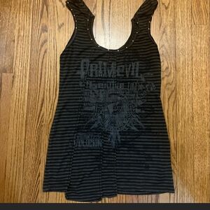 PRIMEVIL Vng Black Striped Graphic Tank Top with Studded Scoop Neck. Fits XS-M